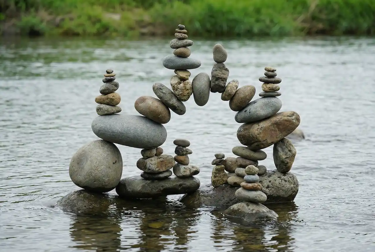 Arte con rocas en Kamogawa Delta: esculturas efímeras junto al río